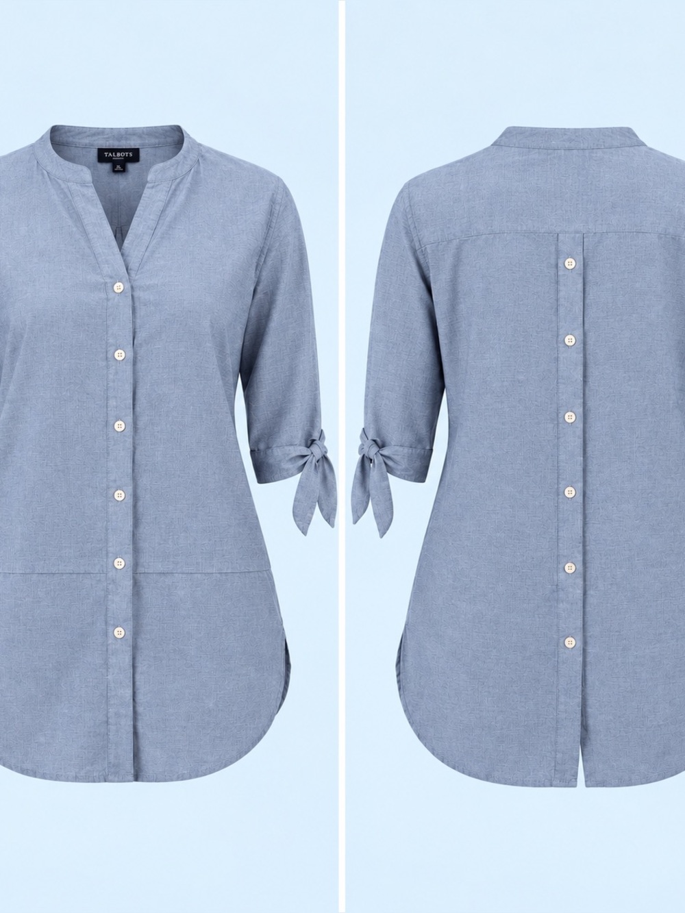 Talbots Woman 1X Chambray Blue Button Front & Back V-Neck 3/4 Sleeves w/ Ties